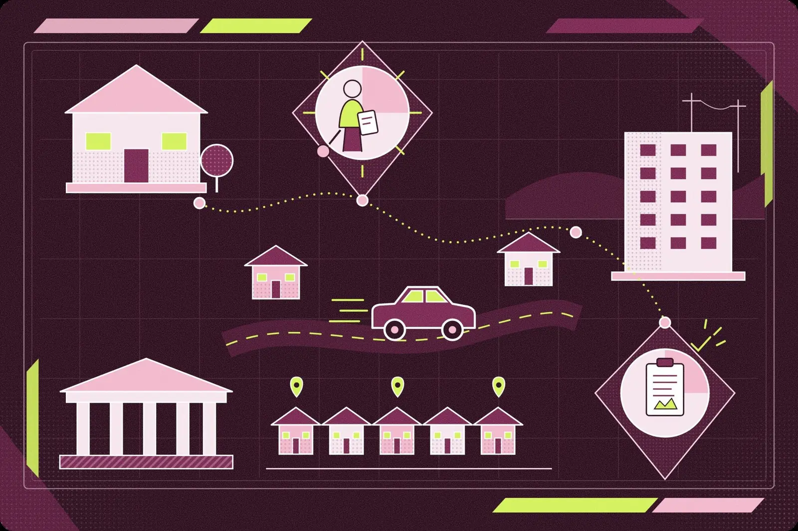 Illustration of an appraisal order, from a suburban home through the neighborhood to a finished report