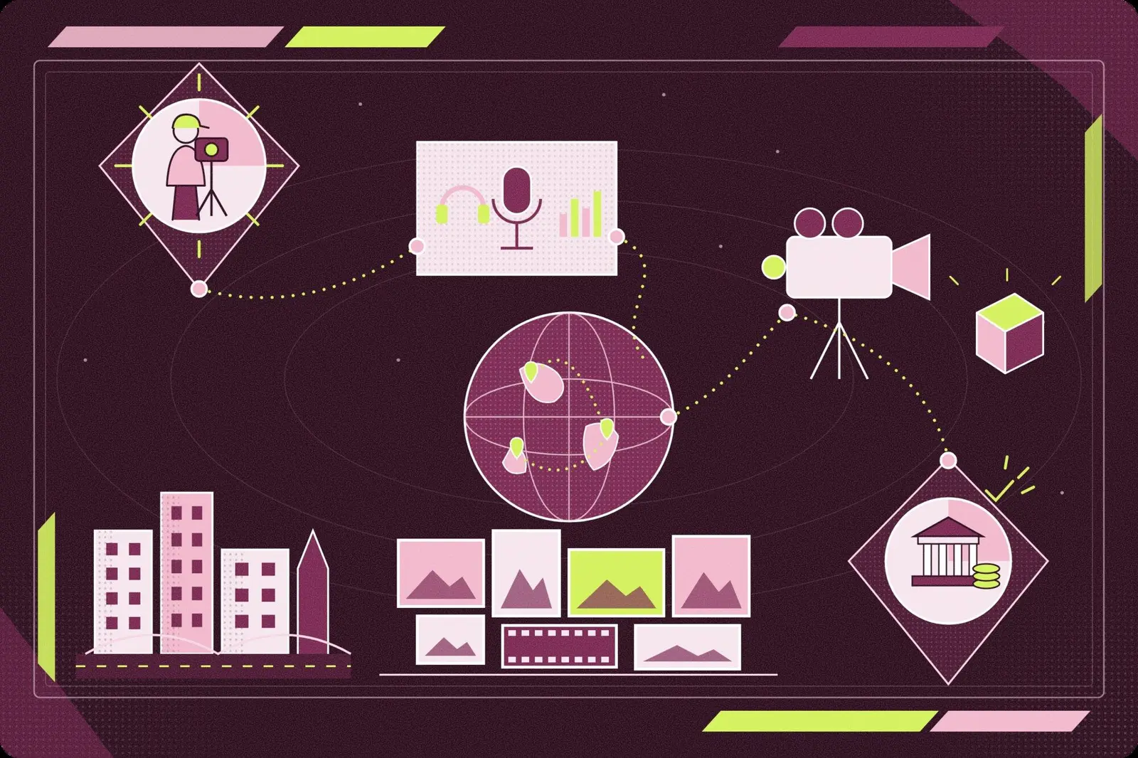 Illustration of content moving from a photographer and an audio studio around the globe to a royalty payout abroad