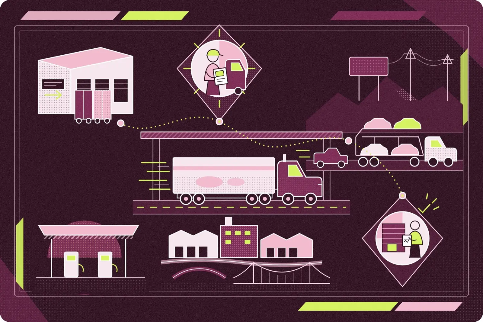 Illustration of a freight route from a terminal through the interstate to a delivery dock