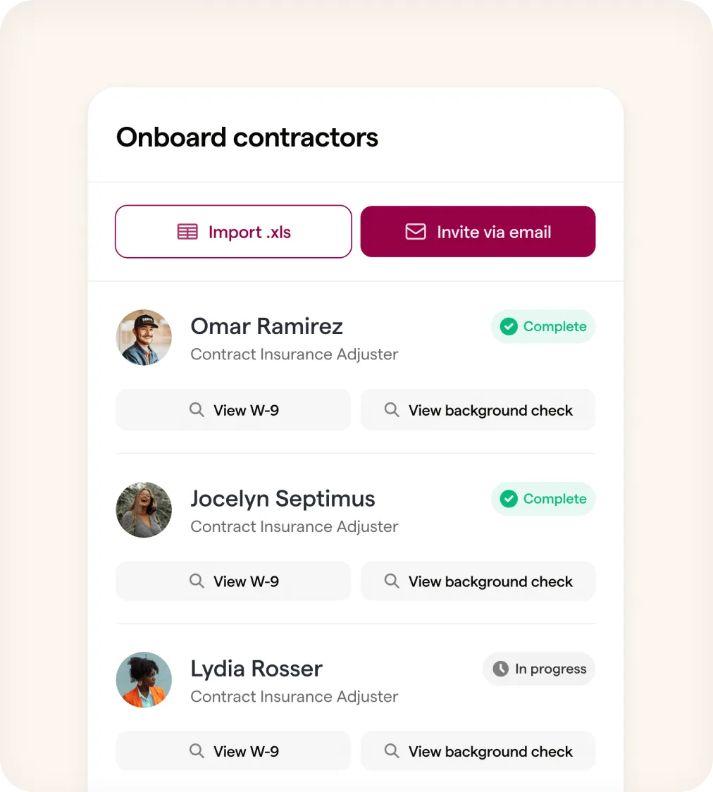 Claims adjuster contractor workflow dashboard
