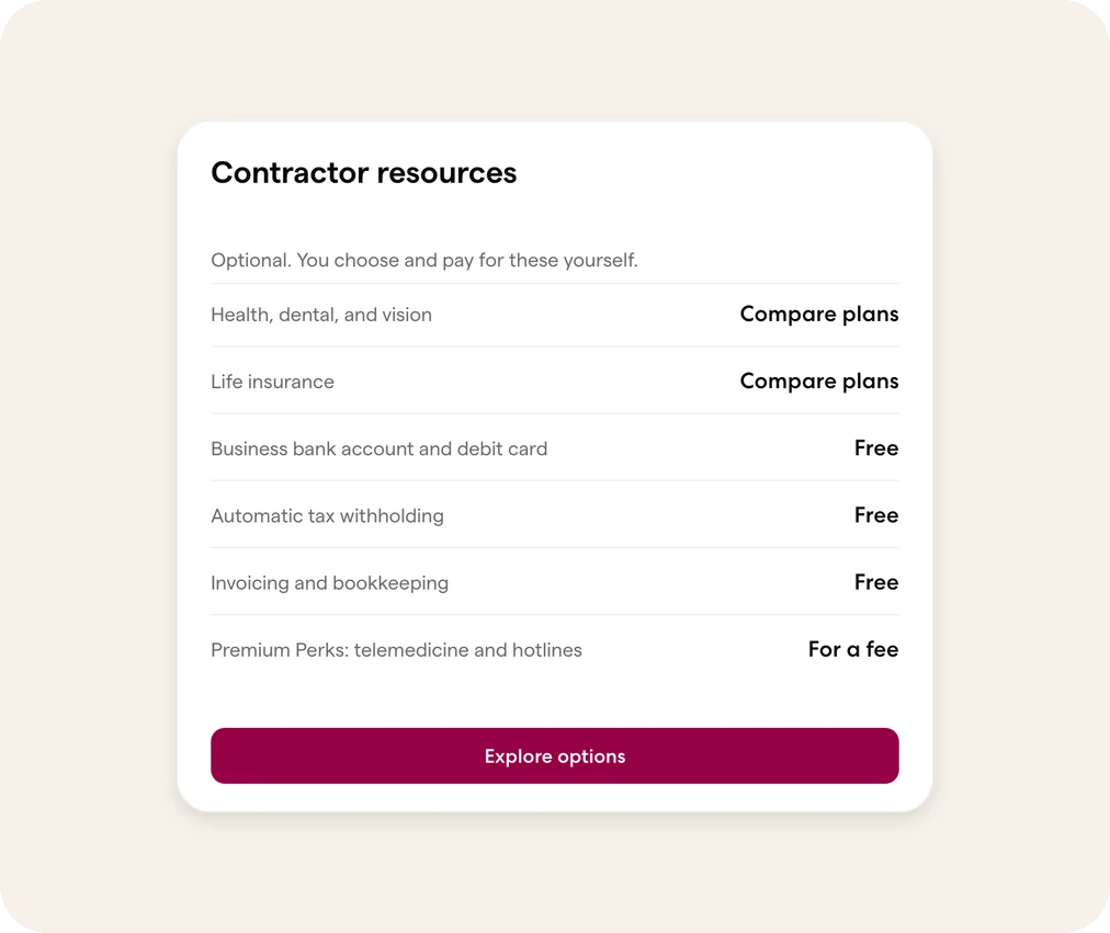 Optional contractor resources: coverage, banking, tax withholding, and Premium Perks