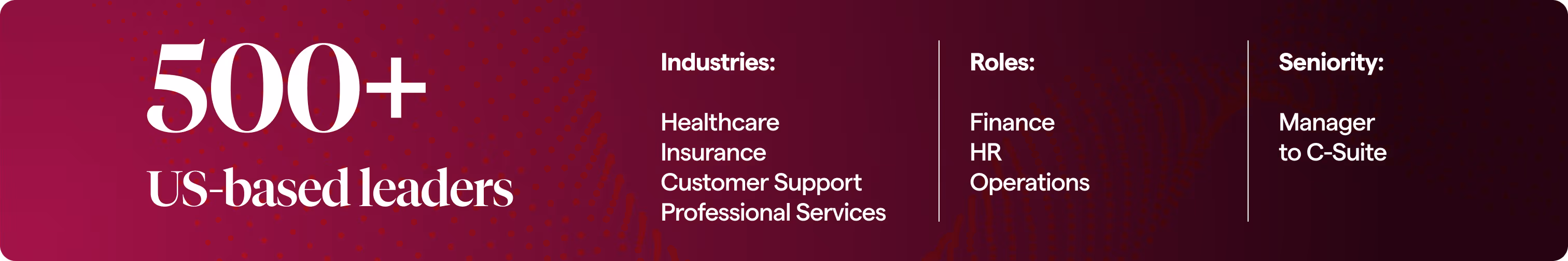 Text highlighting over 500 US-based leaders across industries such as healthcare, insurance, customer support, and professional services, with roles in finance, HR, and operations, ranging from manager to C-Suite seniority.