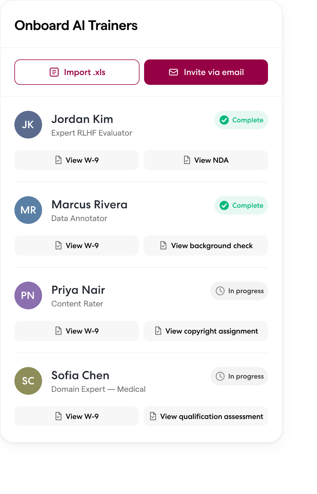 Onboard AI Trainers dashboard showing contractor onboarding status, W-9 collection, and NDA verification for annotators and data labeling specialists