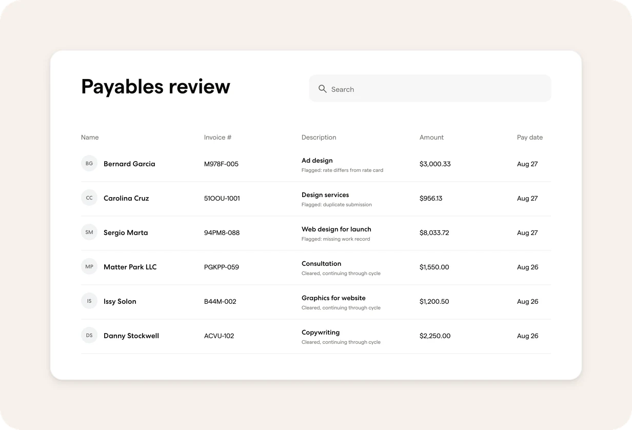 Payables review queue with flagged lines routed for review while cleared lines continue